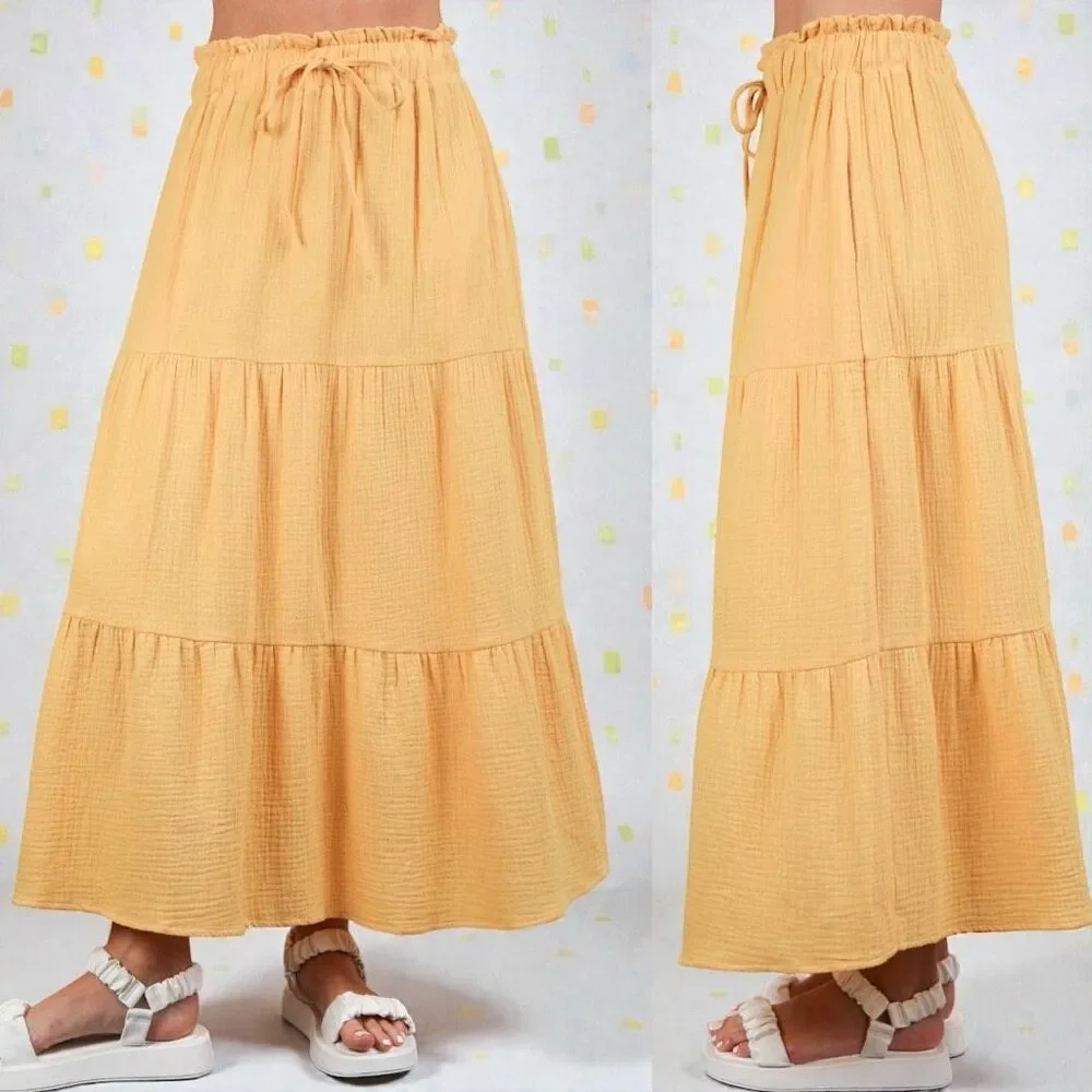 Boho Tiered Midi Skirt w/ Pockets & Elastic Waist |  Yellow | Very J | NWT L